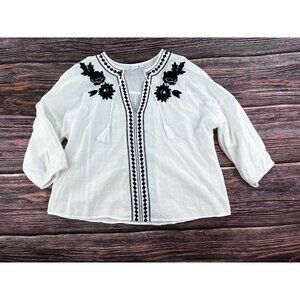 GAP Womens Sz S White Floral Embroidered Tunic Peasant Top Tassel Oversized Blue